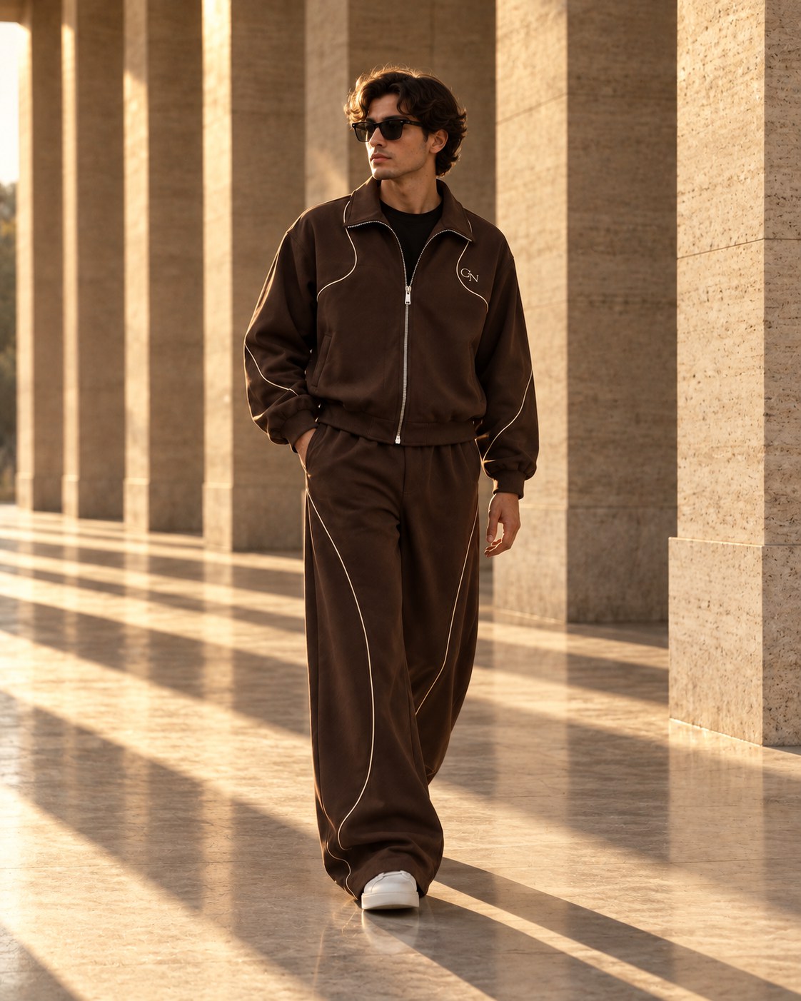 Set 01 Signature Brown purtat printre coloane de travertin
