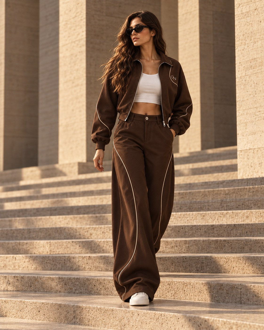 Set 01 Signature Brown pentru femei, purtat în arhitectură de piatră